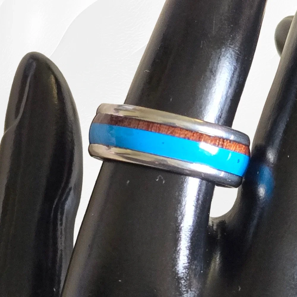 Turquoise Wood Pattern Artificial Inlay Stainless Steel Fashion Band Ring Size 9